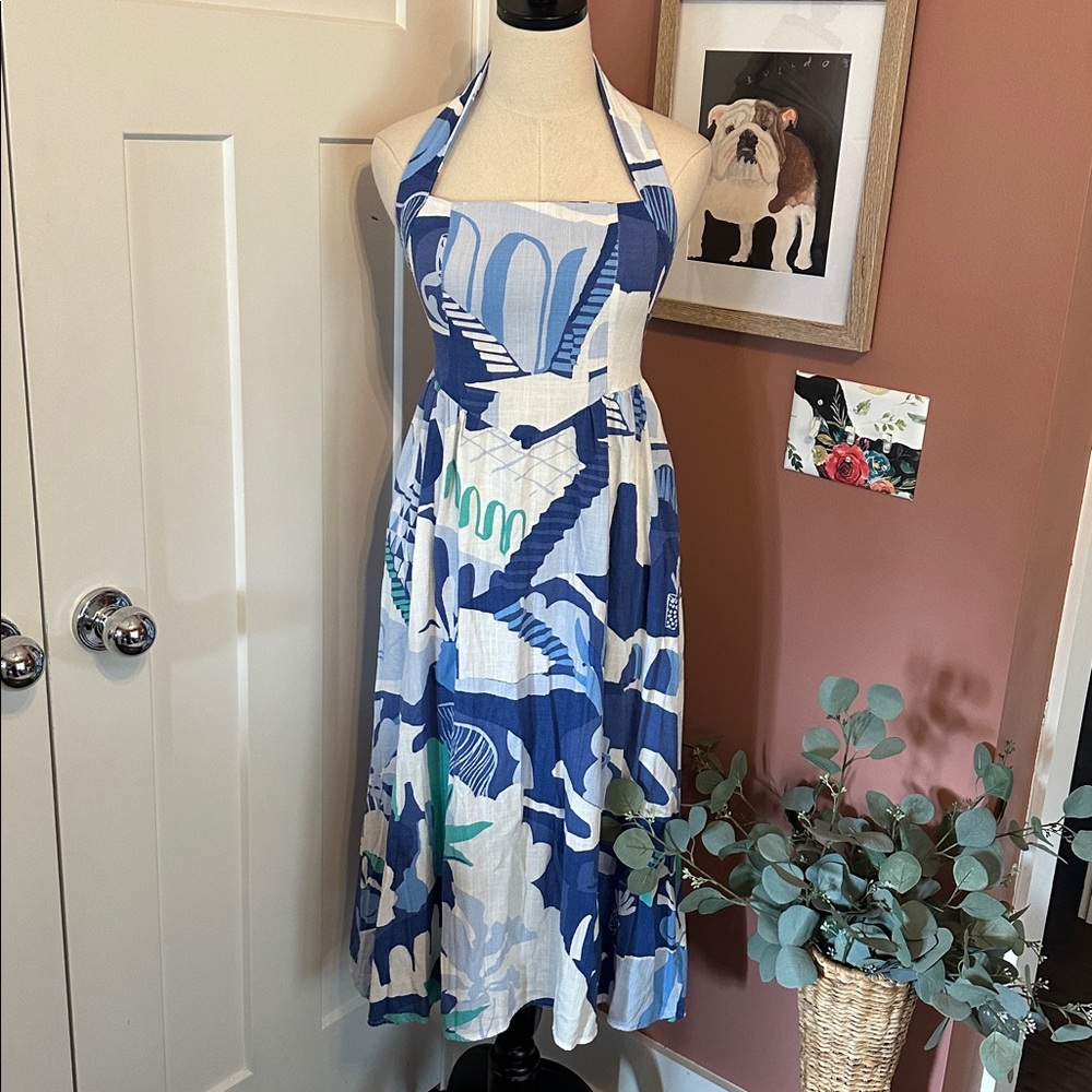 White Closet Elements Blue turquoise White Halter Maxi rayon linen S zip Dress